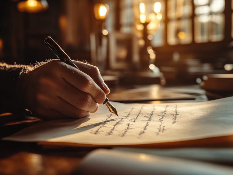 Main écrivant à la plume sur un parchemin à la lumière chaude, symbolisant la transmission écrite et la mémoire collective - Union des Scribes