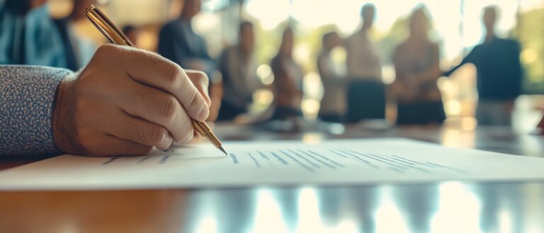 Main écrivant sur un document lors d’une réunion, symbolisant la prise de notes fidèle au sein des instances représentatives - Union des Scribes