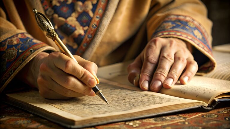 Main d’un scribe médiéval en train d’écrire à la plume sur un manuscrit ancien, représentant la tradition de la transmission écrite